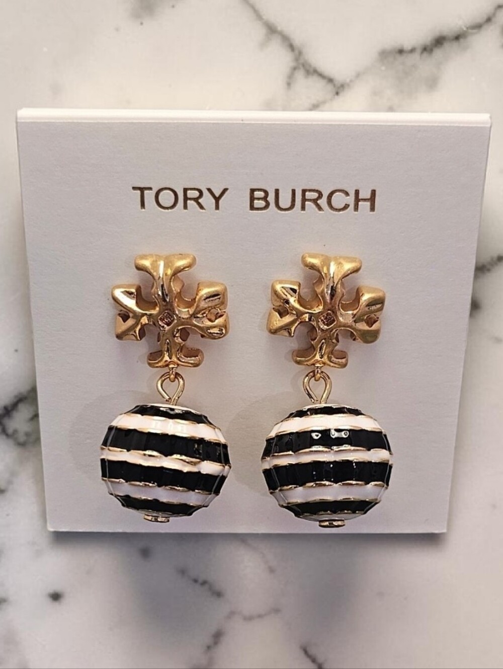 Tory Burch Roxanne Gold-tone Logo Drop Earrings with Black and White Striped